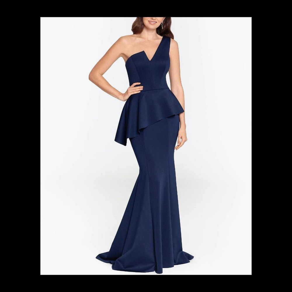 Betsy & Adam Navy Blue One-Shoulder Peplum Maxi Dress Gown Size 4 NWT